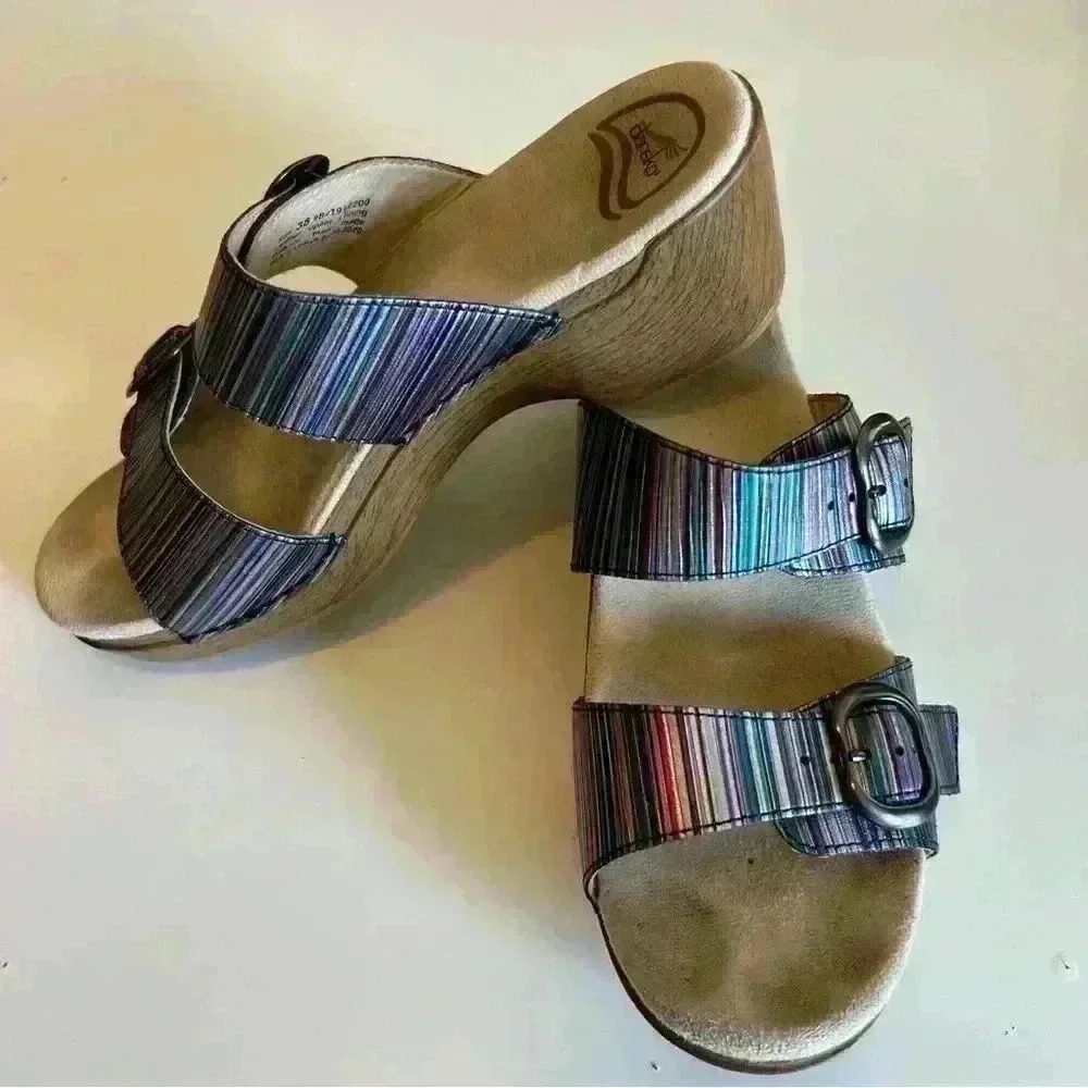 Dansko Women's Sophie - Metallic Stripe, Clog Sandal with 2 Straps, Size 38, GUC